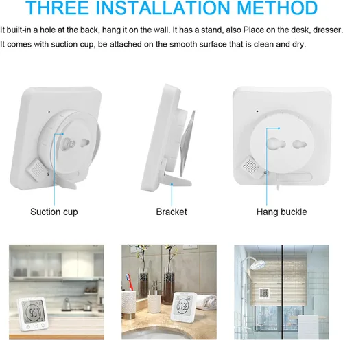 Vista 5 de Temporizador de ducha digital con pantalla táctil impermeable, pantalla de temperatura y humedad, reloj de baño con ventosas y agujero para colgar