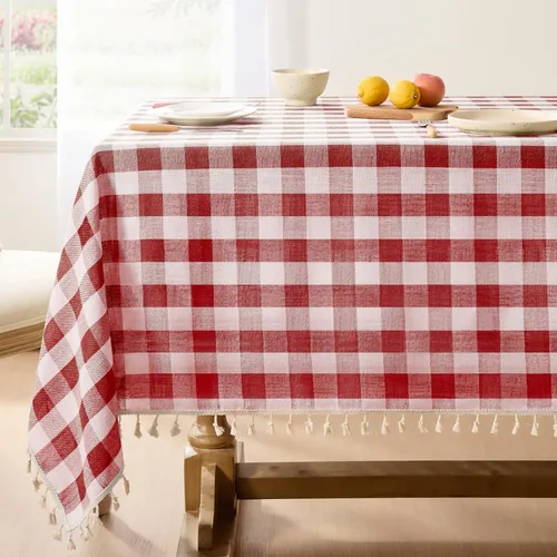 Vista 18 de Softalker Mantel cuadrado a cuadros, mantel de lino de algodón con borla, resistente a las arrugas, mantel a cuadros para cocina, comedor, fiesta