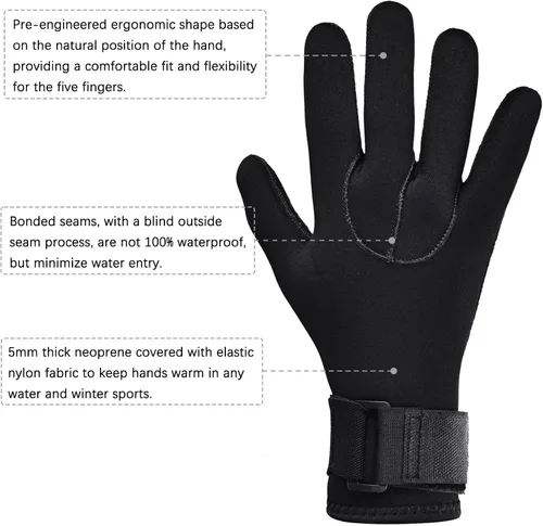 Vista 5 de Guantes de neopreno para buceo para hombres y mujeres, 0.197 in, cálidos con cinco dedos en agua fría, banda elástica para la muñeca antideslizante