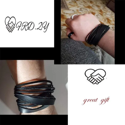 Vista 5 de Pulsera de piel auténtica para hombre y mujer, multicapa, ajustable, con cuerda multicolor, latín, Negro, C0020