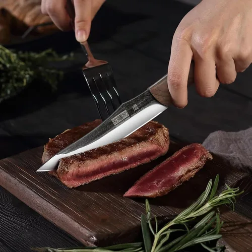 Vista 5 de HOSHANHO Juego de 6 cuchillos para carne, ultra afilados de 4.5 pulgadas, no dentados, de acero de alto carbono, forjados a mano con mango de madera