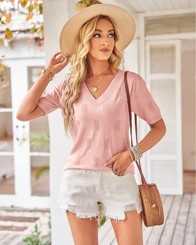 Vista 4 de Arach&Cloz Women's Spring Summer Tops 2023 Fashion V Neck Short Sleeve Pullover Knitted Casual Fall Sweater