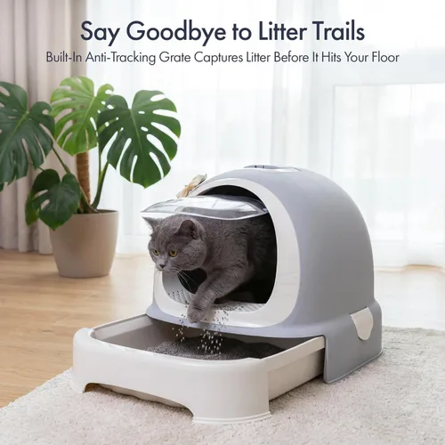 Vista 4 de Sartén con capucha totalmente cerrada con puerta de cierre de olor de entrada frontal, cuchara de arena para gatos incluida, color blanco