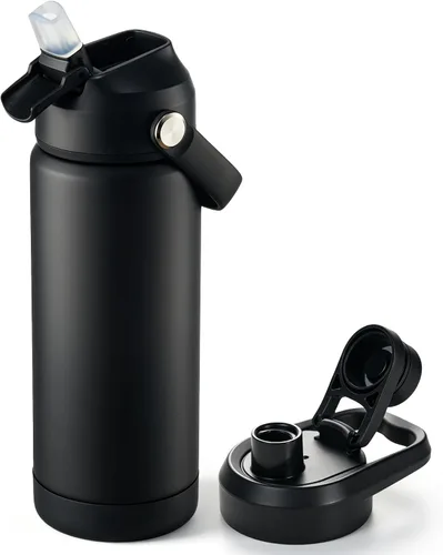 Vista 64 de Fijinhom Botella de agua aislada de 18 onzas con 2 tapas, botellas de agua de acero inoxidable, aspiradora de doble pared, mango portátil y parte