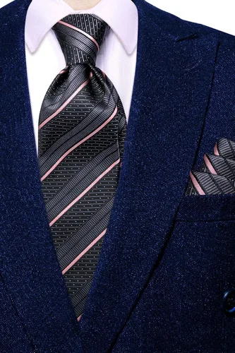 Vista 200 de Hi-Tie Corbatas de seda para hombre, diseño de cachemira a rayas, con bolsillo, gemelos cuadrados, conjunto formal de negocios
