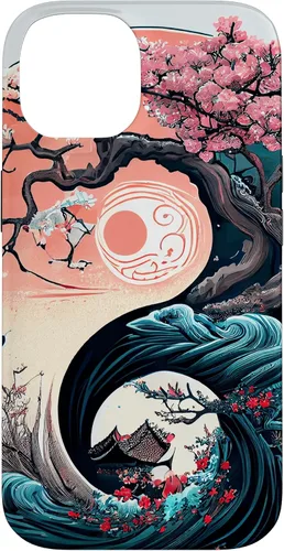 Vista 4 de Funda para iPhone 11 Pro Max Yin Yang Cherry Blossom Bonsái y Great Wave