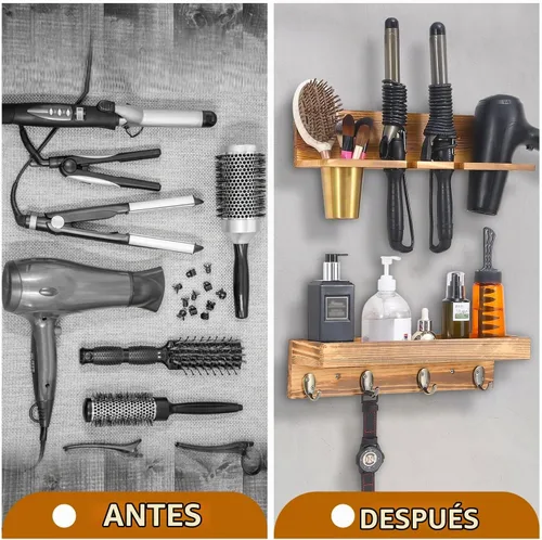 Vista 4 de UPTRUST Organizador de herramientas para el cabello de montaje en pared, juego de 2 capas de madera rústica, bandeja organizadora de productos