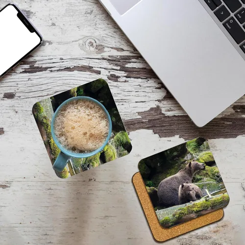 Vista 2 de 3dRose Brown Bear cub Staying Close to mom at ANAN Creek. Set of 4 Coasters - Cork