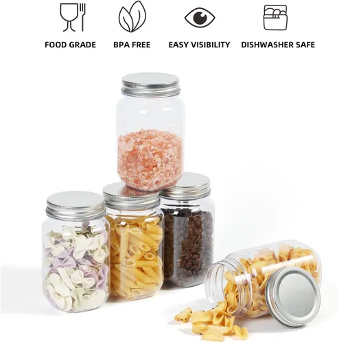 Vista 4 de Tarros Mason de plástico transparente de 16 onzas con tapa de rosca, tarros vacíos reutilizables para almacenamiento de alimentos, recipientes