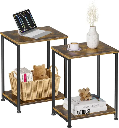 Vista 9 de Simple Trending Mesa auxiliar, mesa auxiliar pequeña para sala de estar, mesita de noche con estantes de almacenamiento de 2 niveles, marrón rústico