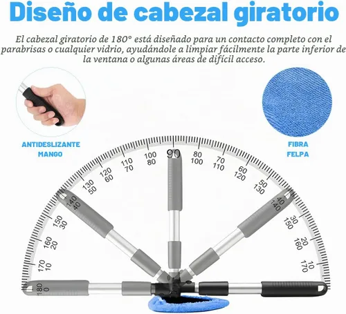 Vista 3 de Herramienta de limpieza de parabrisas, limpiador de ventanas de automóvil con mango largo extensible y 4 almohadillas de microfibra lavables