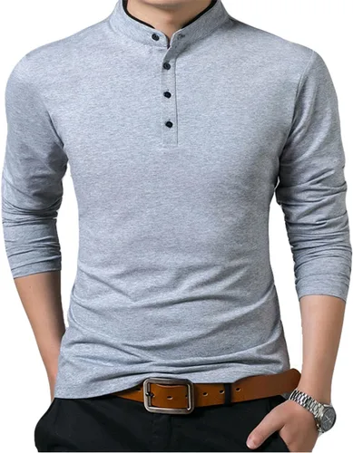 Vista 2 de KUYIGO Camisas de manga larga estilo polo para hombre, estilo informal, cuello mandarín, ajustadas, de algodón
