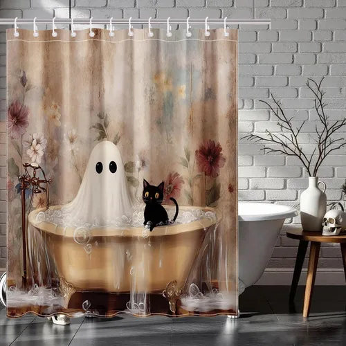 Vista 7 de Mocsicka Cortina de ducha de Halloween, diseño de gato fantasma, cortina de ducha para baño, academia oscura, bañera, juego de decoración de baño