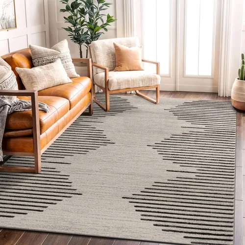 Vista 10 de Rugshop Alfombra bohemia a rayas resistente a las manchas, color beige, 2 x 7 pies