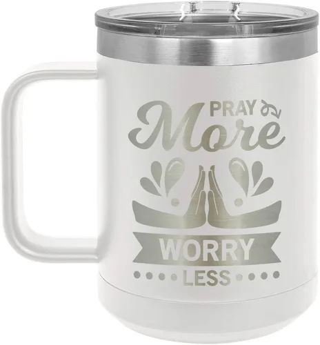 Vista 10 de PRAY MORE WORRY Less 15 oz taza de café con tapa superior deslizante Taza de café de viaje aislado Ideas de regalo de cumpleaños o Navidad