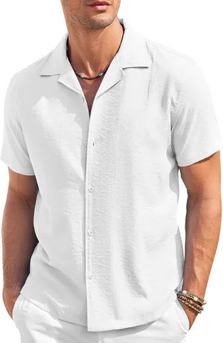 Vista 15 de COOFANDY Camisa casual con botones para hombre, manga corta, texturizada, para verano, para playa cubana