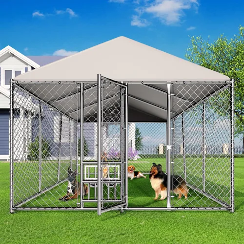 Vista 6 de Lyromix - Perrera grande de 10 x 15 pies para exterior con cuencos, perrera para exterior con techo impermeable, jaula de eslabones de cadena