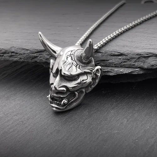 Vista 5 de Oni Mask Hannya Prajna - Collar de acero inoxidable con máscara de diablo japonés, collar de samurái de buena suerte