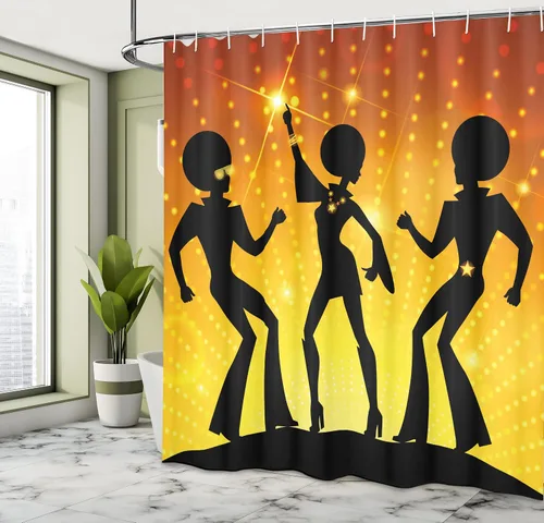 Vista 4 de Ambesonne Cortina de ducha para fiesta de los años 70, bailando en discoteca con fondo bokeh estilo afro, juego de decoración de baño de tela