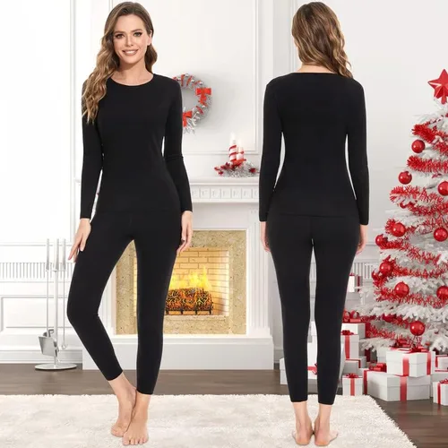 Vista 5 de SIMIYA Conjunto de ropa interior térmica para mujer, manga larga, corte libre, forro polar, capa base para clima frío