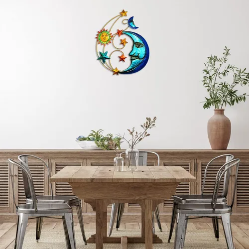 Vista 2 de Decoración de pared de metal para exteriores, tamaño grande de 17 pulgadas, escultura de pared de metal con luna y estrellas para decoración