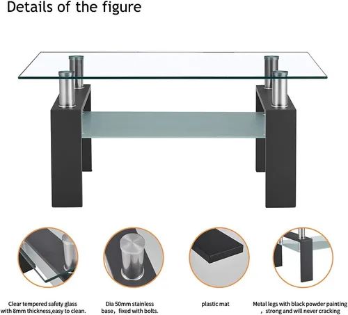Vista 5 de Mesas de café para sala de estar, estante de almacenamiento de 2 capas rectangular de cristal para té negro