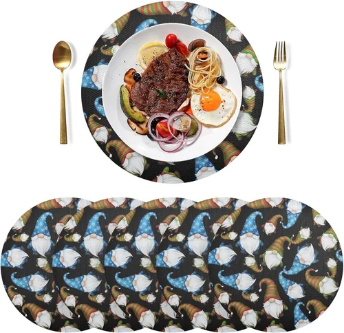 Vista 3 de Whimsical Christmas Gnomes Black PVC Placemat, Non Slip Dining Table Heat Protector Mats for Kitchen one sizex4