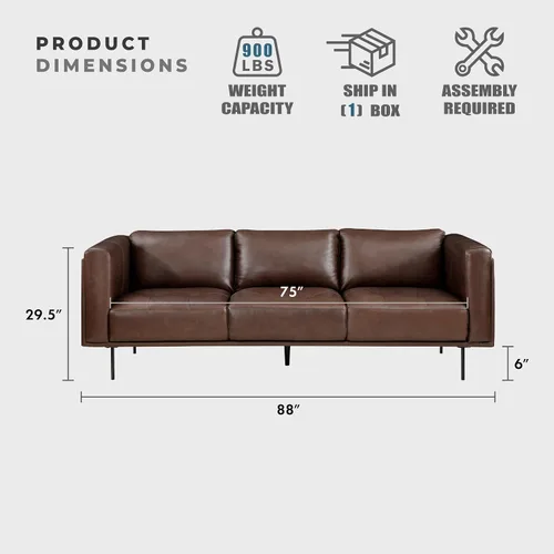 Vista 2 de Lexicon Sofá de cuero de grano superior, sofá moderno, sofá de gran tamaño con marco de madera maciza y patas de metal, sofás de cuero para sala
