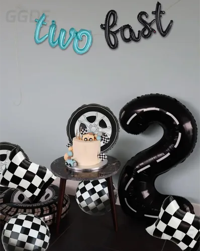 Vista 4 de Decoraciones de Cumpleaños Two Fast Globos de Números de Pista de Carreras de 40 Pulgadas 2 Negro Pancarta de Globos con Letras Two Fast Globo 2do