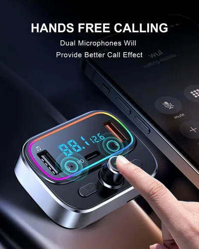 Vista 4 de Transmisor FM Bluetooth 5.4 para kit de adaptador de radio inalámbrico para automóvil, micrófono dual de llamadas manos libres, carga rápida de 18 W