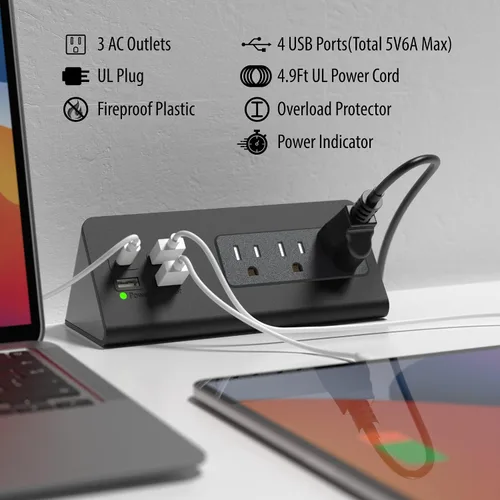 Vista 4 de Estación de Carga con Soporte de Abrazadera de Borde con Puertos USB-C, Protector contra Sobretensiones de Mesa, Enchufes de Alimentación