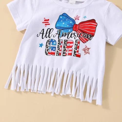 Vista 4 de Traje para bebé niña del 4 de julio, ropa para el Día de los Caídos con borlas, camiseta con bandera