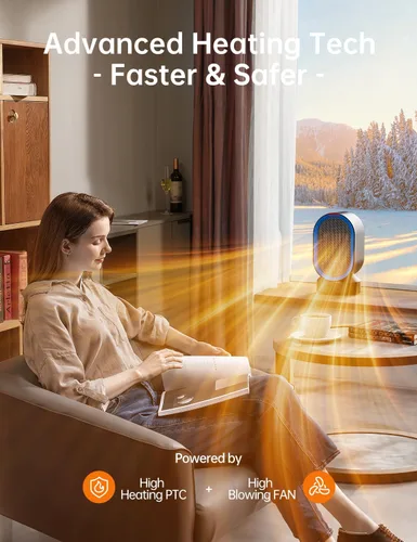 Vista 6 de TABYIK Calentador de espacio eléctrico para uso en interiores, pequeño calentador portátil oscilante de 45°, calentador personal oscilante