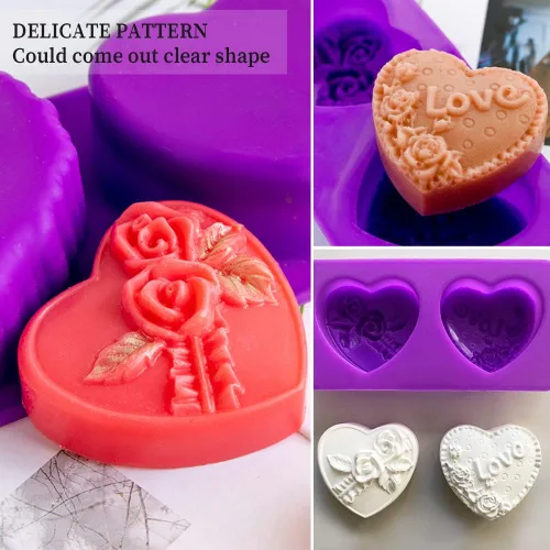 Vista 4 de Molde de silicona para jabón de corazón de rosa, molde de silicona con forma de amor en 3D, molde de fondant, pastel hecho a mano, chocolate