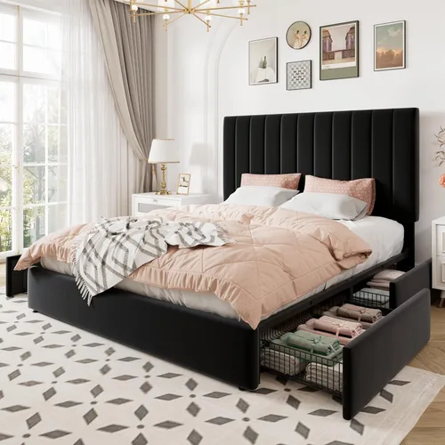 Vista 9 de Allewie Base de cama de almacenamiento de tamaño matrimonial, cabecera ajustable capitoné de canal vertical, plataforma tapizada de terciopelo con 4