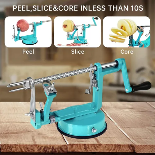 Vista 4 de Pelador de manzanas, cortador de patatas 3 en 1, acero inoxidable resistente con base de ventosa (azul)