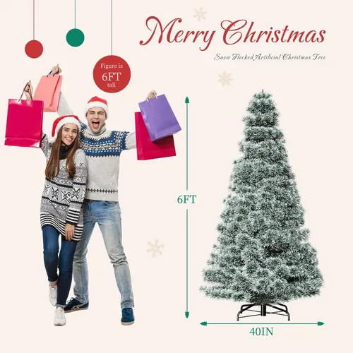 Vista 10 de Sweetcrispy Árbol de Navidad Artificial Preiluminado con Nieve Artificial de 6 pies, Árbol de Navidad de Abeto Artificial con Bisagras Preiluminado