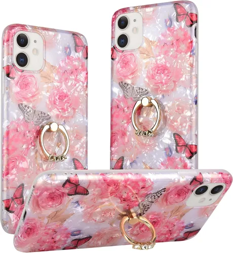 Vista 11 de Qokey Funda compatible con iPhone 11 de 6.1 pulgadas, diseño floral transparente para mujer con soporte de anillo giratorio de 360 grados, funda