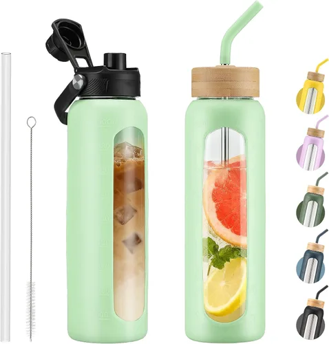 Vista 60 de Botella de agua Kodrine con pajita, botella de vidrio de 24 oz con 2 tapas, una de pajita de bambú y otra con pico y asa, botella de vidrio