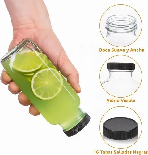Vista 3 de umud Botellas de Jugo con Tapas, 16 Oz - Juego de 8 - Frascos de Vidrio Transparente con Tapas - Recipientes Vacíos Reutilizables para Bebidas