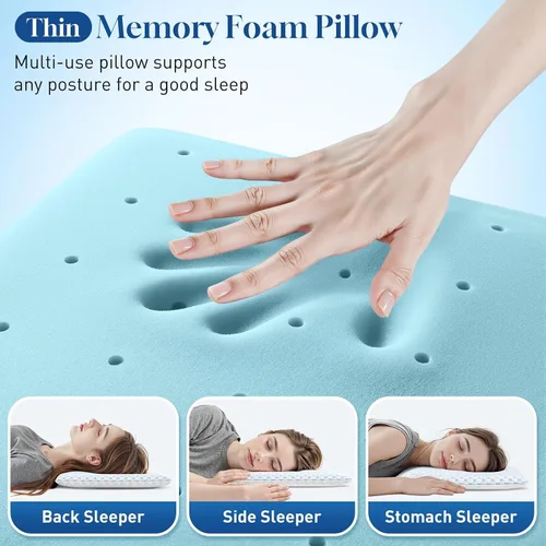 Vista 5 de CloudBliss Almohadas ultra delgadas de 3.3 pulgadas para lado Espalda Dormir boca abajo, almohada plana de espuma viscoelástica, almohadas