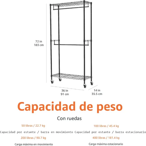 Vista 6 de Amazon Basics Perchero ajustable con doble barra, organizador de ropa colgante con ruedas, resistente, 36 x 14 x 72 pulgadas, negro