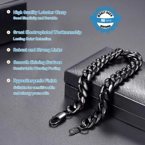 Vista 4 de PROSTEEL Pulsera de acero inoxidable para hombres y mujeres, elegantes pulseras de eslabones cubanos, chapado en oro negro de 18 quilates, ancho