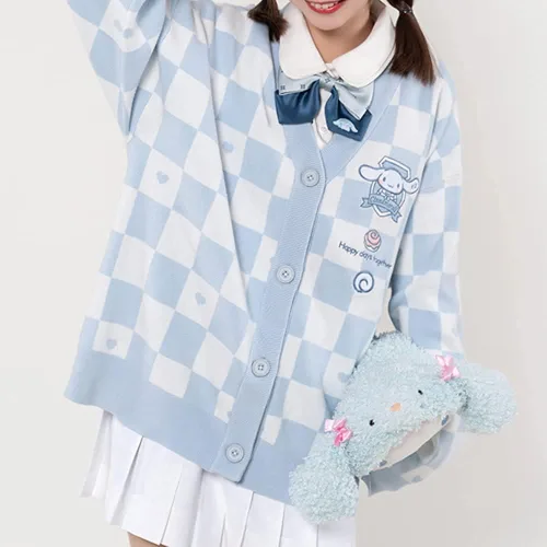 Vista 2 de Suéter de cosplay Kawaii con botones de punto para mujer, lindo cárdigan japonés a cuadros Jk uniforme suéter