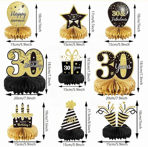 Vista 2 de 9 piezas de decoración de cumpleaños número 30 para centros de mesa de cumpleaños 30 para decoración de mesas, decoraciones de alegría a 30 años