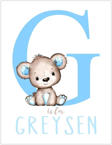 Vista 2 de Arte de pared personalizado con diseño de oso de acuarela azul para bebé niño, decoración de guardería, sin marco, monograma inicial de letra