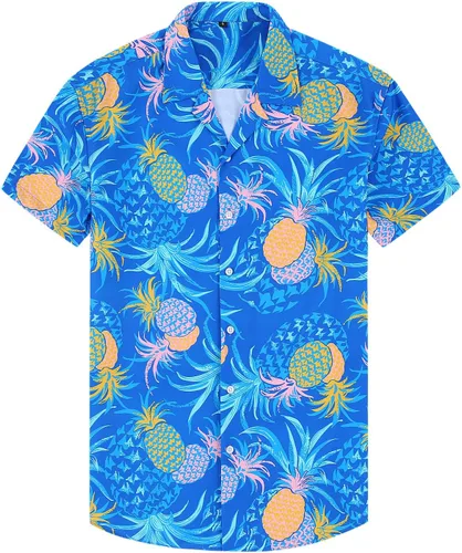 Vista 3 de Camisa estampada hawaiana para hombre, manga corta tropical, camisa de Aloha con botones, ajuste regular con bolsillos