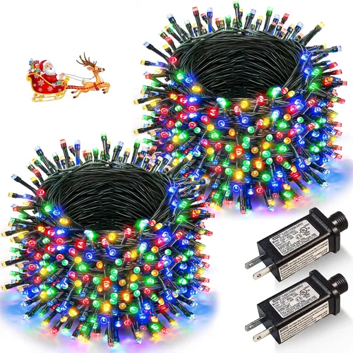 Vista 13 de Juego de 2, luces de Navidad, 200 pies, 600 LED, exterior/interior, guirnalda luces, 8 modos, impermeables, cable verde, parpadeantes, árbol, patio