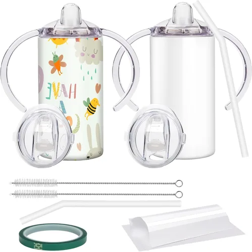 Vista 9 de Vasos para sorber de acero inoxidable de 12 onzas para niños pequeños con asas, a prueba de derrames, doble pared aislada al vacío, vasos de paja