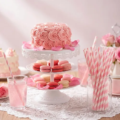 Vista 5 de PakTalk Paquete de 100 pajitas de papel rosa bebé para beber, desechables y biodegradables para cumpleaños, bodas, baby showers